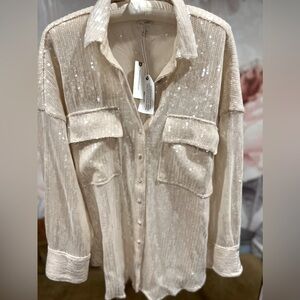 Pilcro Sequined Button Down Shirt Small Ivory, NWT